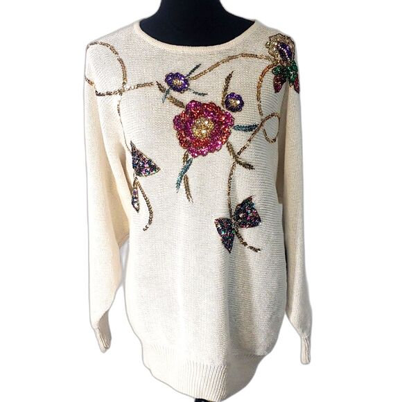 Victoria Jones Cream Floral Bead & Sequin Pull-Over Sweater Size Large NWT - Picture 1 of 10